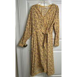 Time and Tru Women's XL 16-18 Long Sleeve Faux Wrap Dress Floral Yellow + Purple